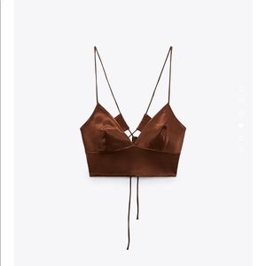 Zara Chocolate Brown Silk Crop Top with Tie Back
